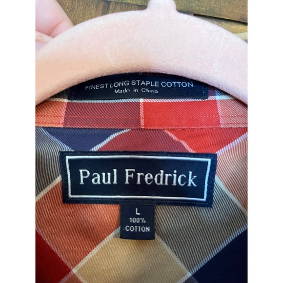 Paul Fredrick Mens Long Sleeve Button Down Shirt Red Blue Plaid Cotton Size L - Picture 2 of 3